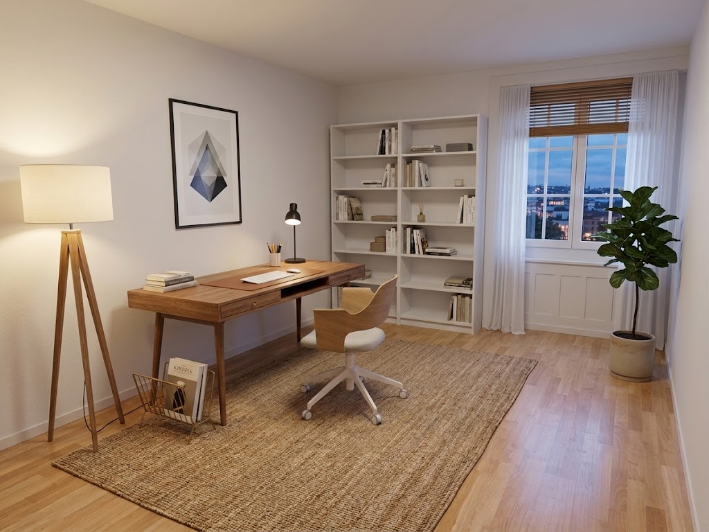 Minimal home office with tripod lamp and jute rug