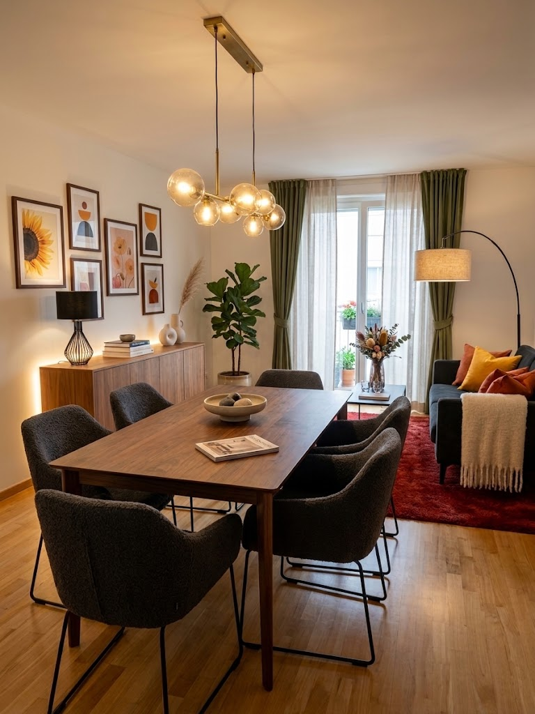 Warm dining and living room with gallery wall and brass pendant