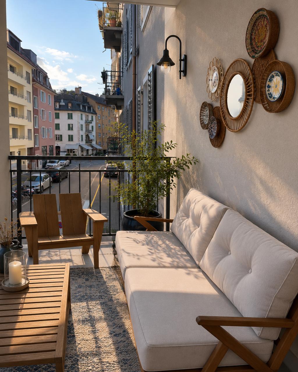 Sunlit Zurich balcony styled with rattan and linen
