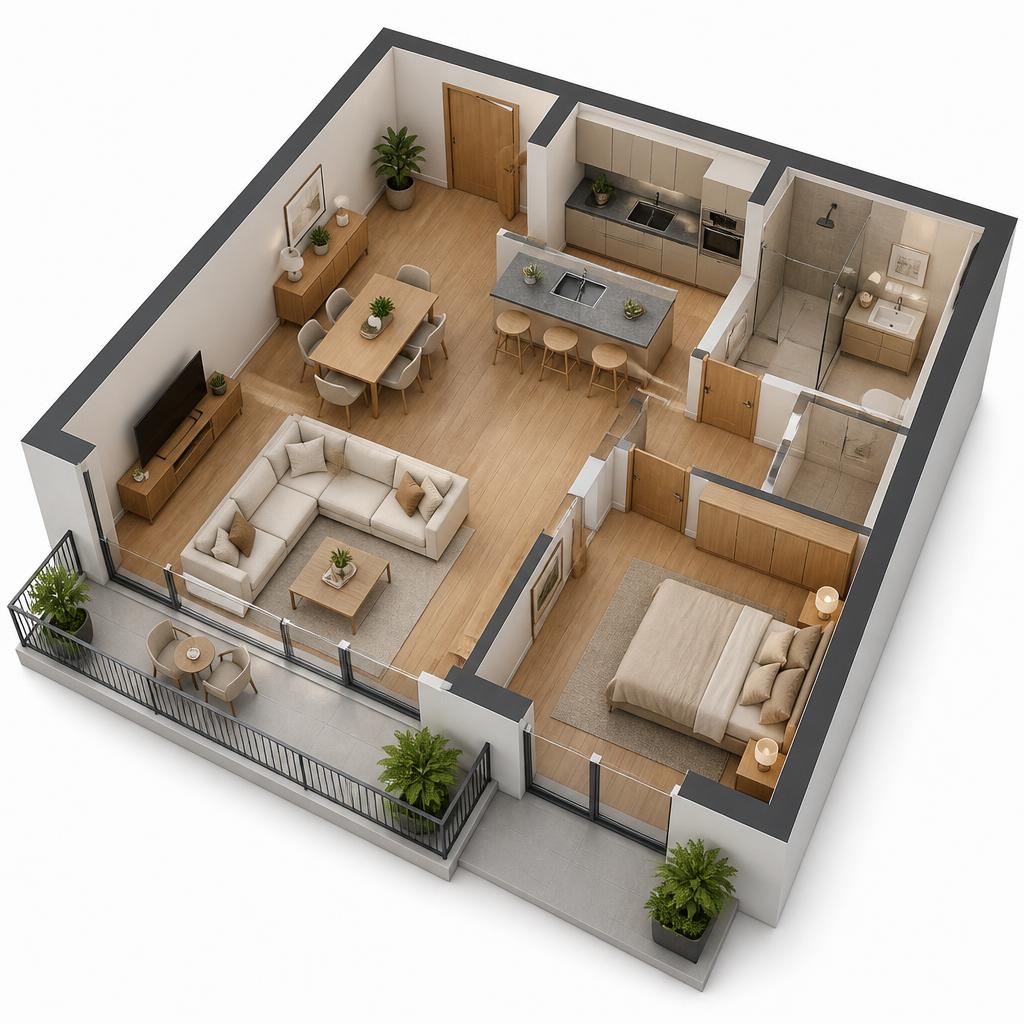 Isometric 3D render of an apartment floor plan