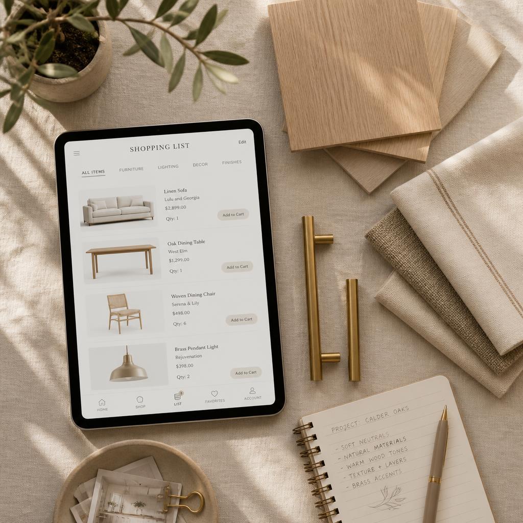 Designer flatlay with tablet shopping list, wood swatches and fabrics